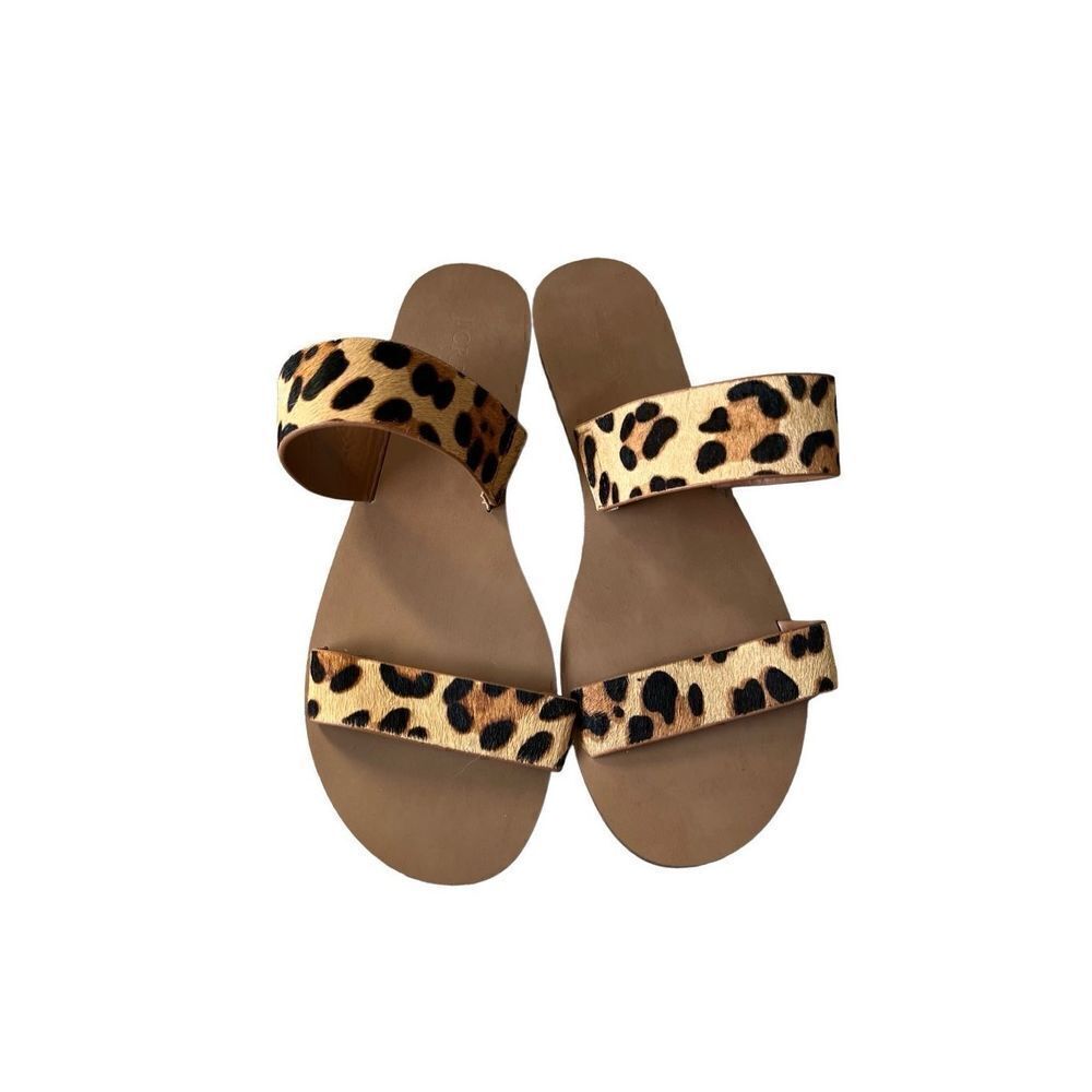 J CREW Sz 8 Leopard Calf Hair Leather Sandals Summer Beach Pool Slide Flats Tan